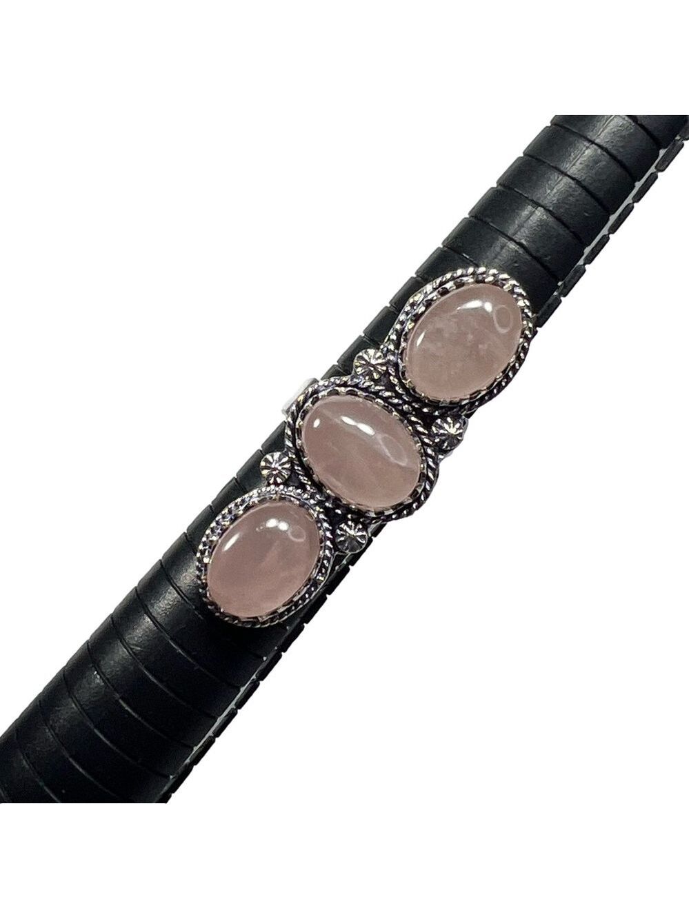 Rose Quartz 925 Triple Stone Gemstone Silver Ring 8